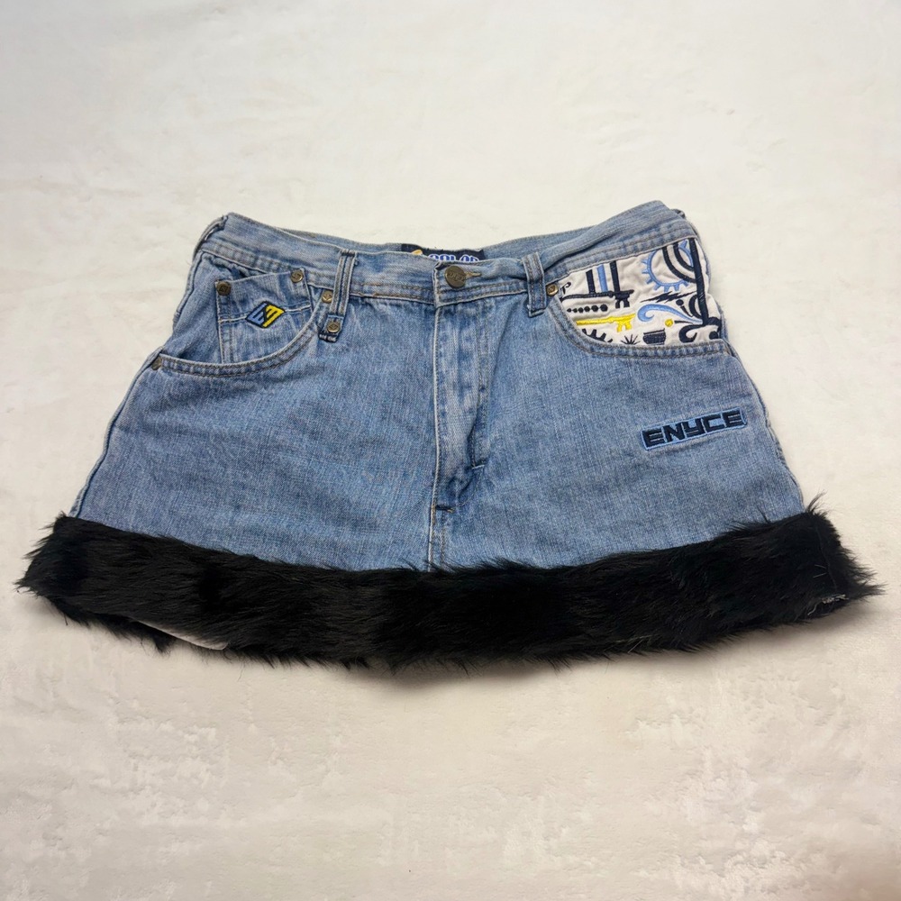 Enyce Vintage Custom Reworked Denim Mini Skirt Faux Fur Trim Hem One Of A Kind